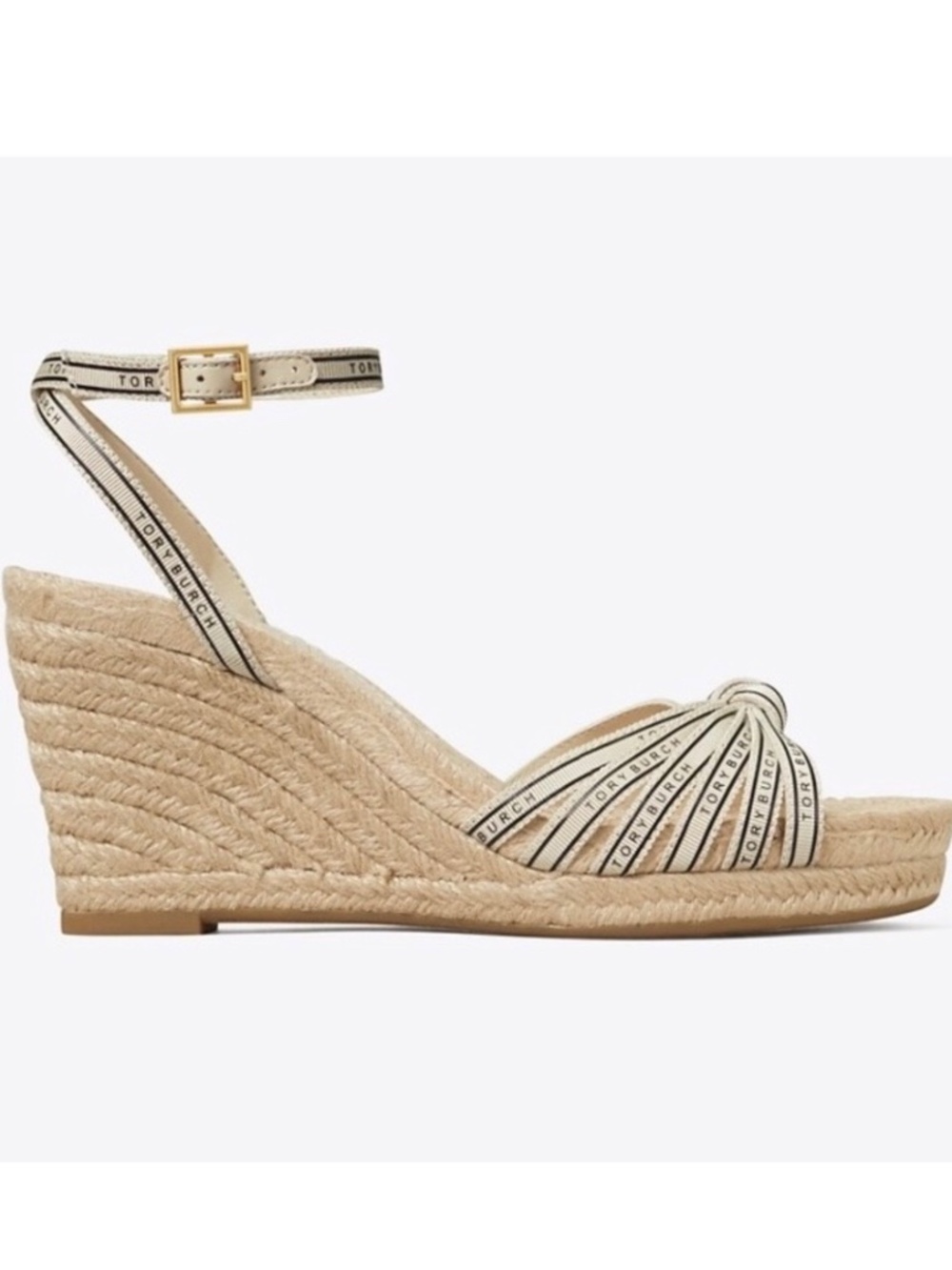 TORY BURCH Tory Ribbon Wedge Espadrille Cream/Black SZ 9.5 NWOT